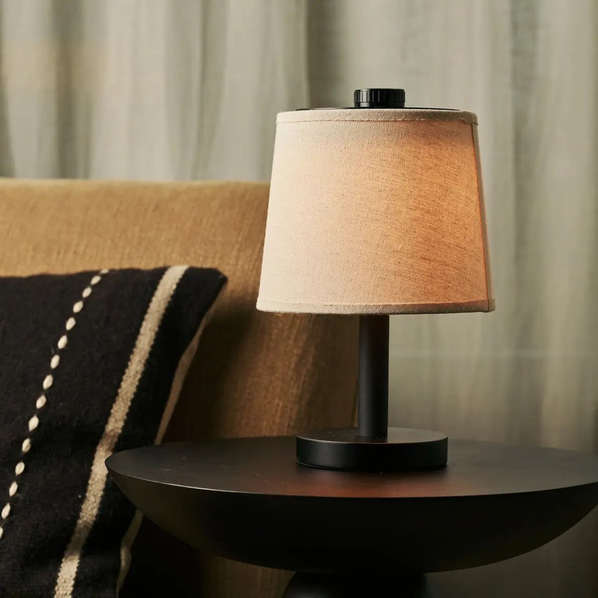 Black Wooden Table Lamp - Cordless Rechargeable Linen Shade