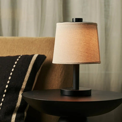 Black Wooden Table Lamp - Cordless Rechargeable Linen Shade