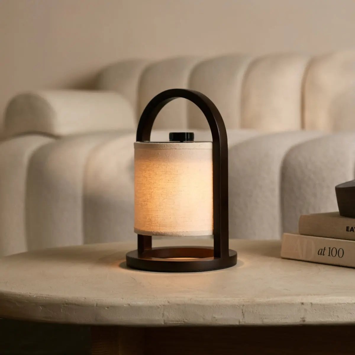 Wooden Rechargeable Table Lamp - Dark Brown Linen Blend, 100-Hour Battery