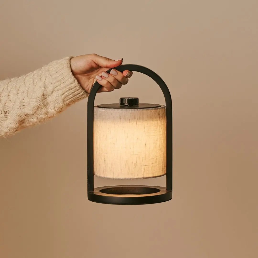 Wooden Rechargeable Table Lamp - Black & Grey Linen Blend, Cordless
