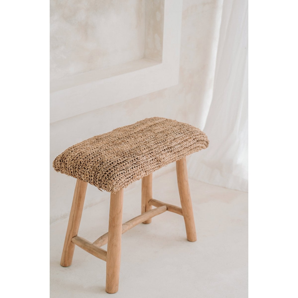 Teak Raffia Bench - Natural Woven Accent Bench for Indoors