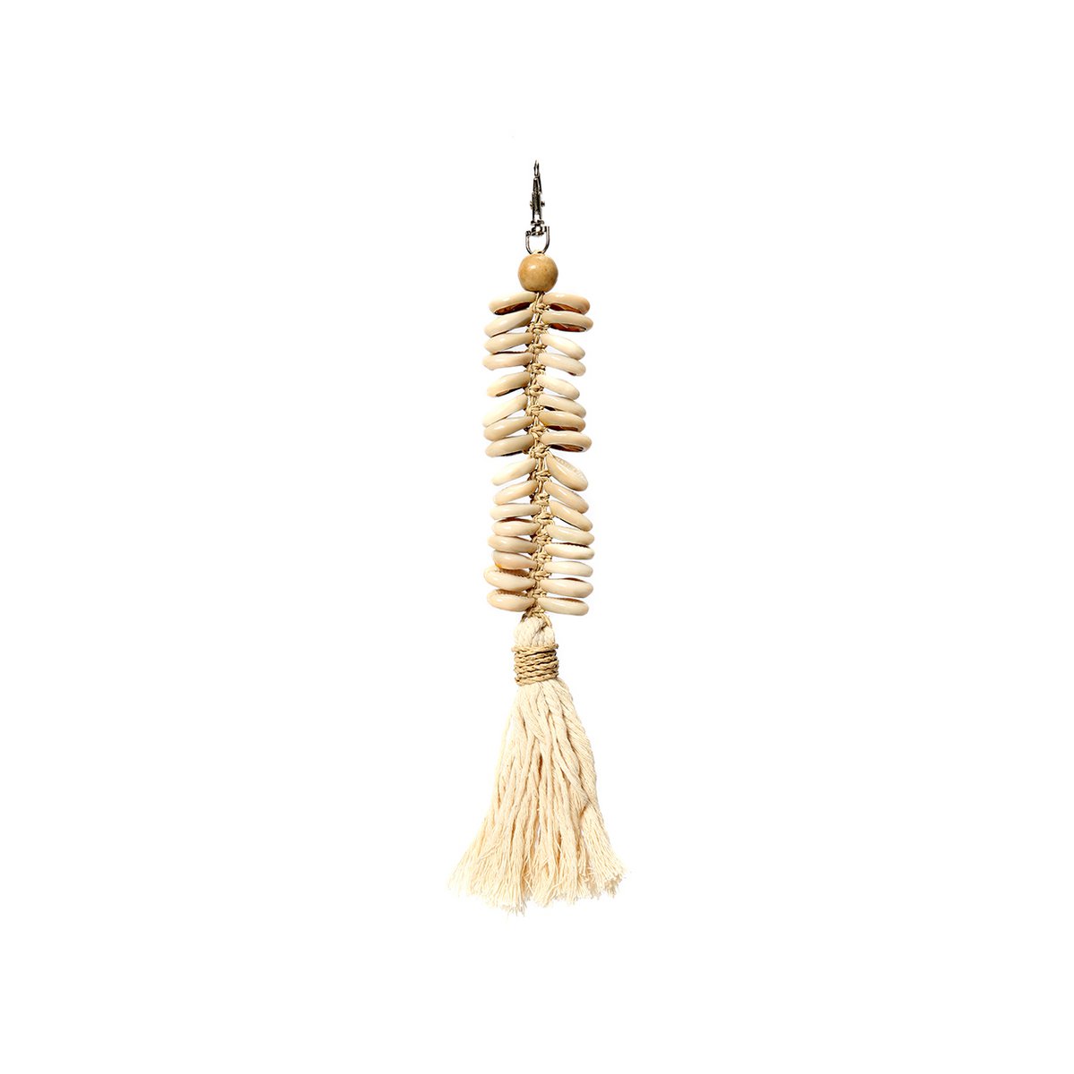Macrame Keychain - Fishbone Design with Seashell and Tassel - Cream