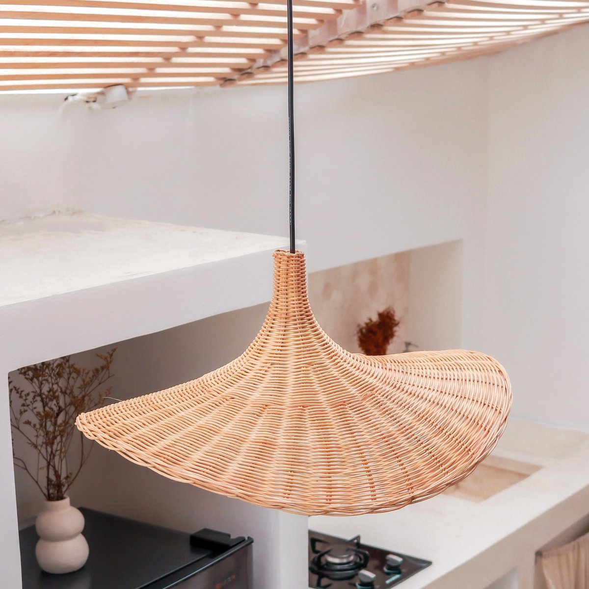 Rattan Pendant Light - Natural Funnel Lampshade, Handmade in Bali