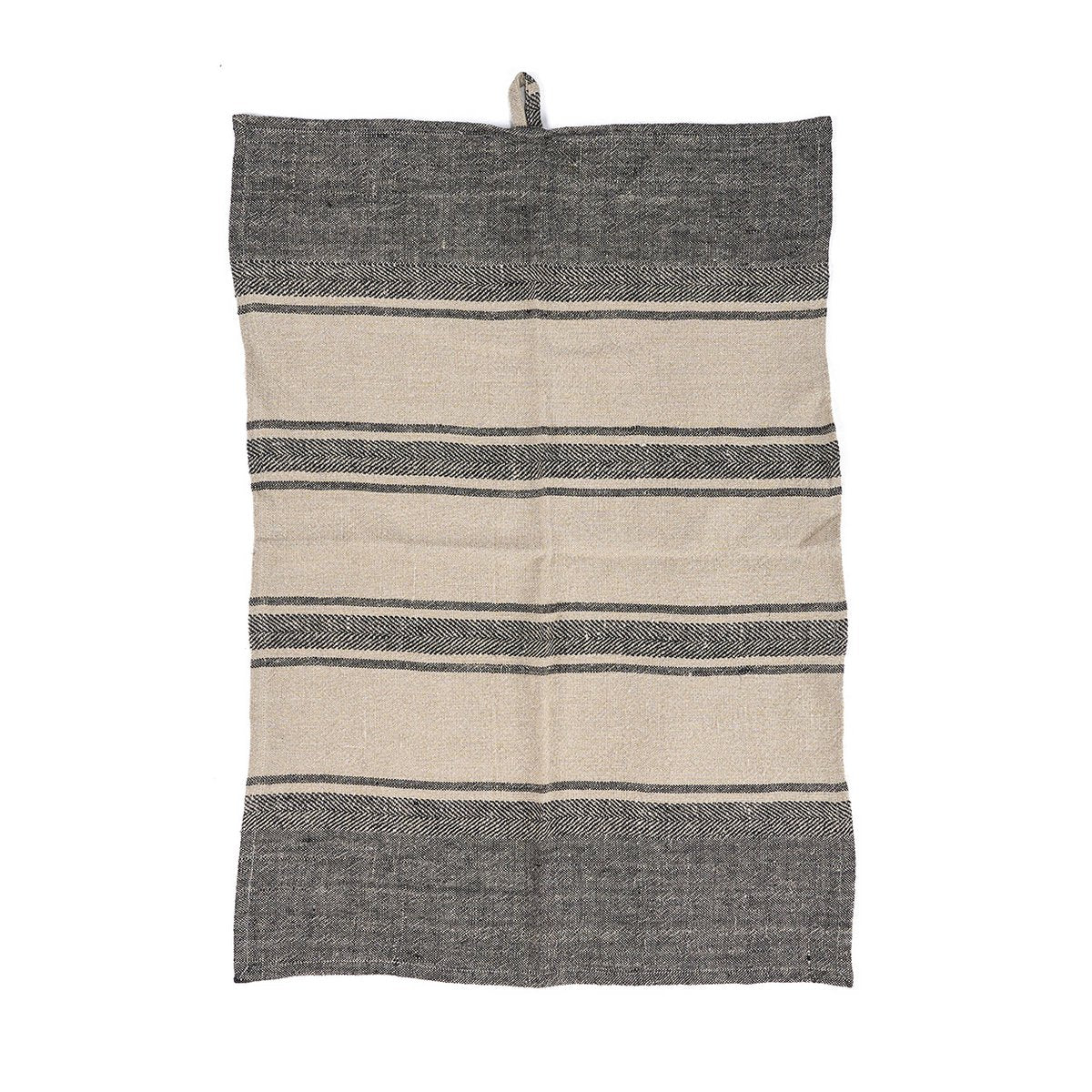 Linen Kitchen Towel - Natural Black Boho Stripe, 50x70