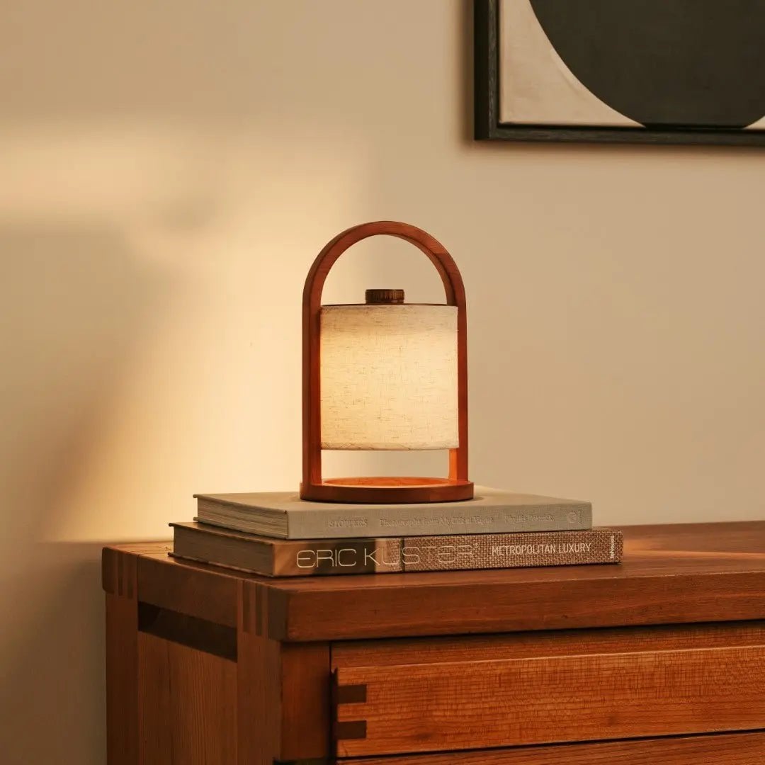Wooden Rechargeable Table Lamp - Chestnut Brown Linen Blend, 27cm