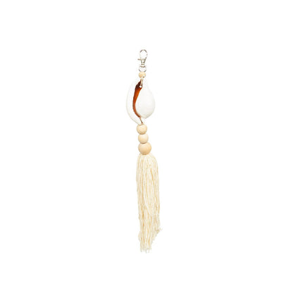 Wood Seashell Keychain – Natural Cotton Keyring, White Shell