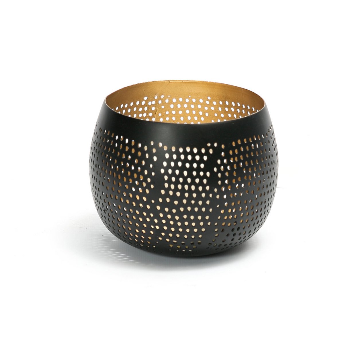Brass Tea Light Holder – Pierced Ball Design, Black & Gold, Small