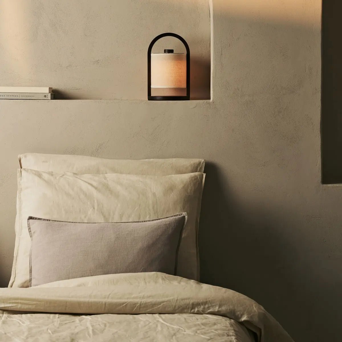 Wooden Rechargeable Table Lamp - Dark Brown Linen Blend, 100-Hour Battery
