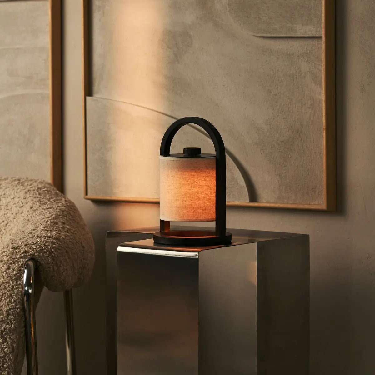 Wooden Rechargeable Table Lamp - Dark Brown Linen Blend, 100-Hour Battery