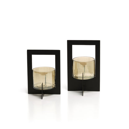 Metal Framed Candle Holder - Black Hurricane Lantern - Medium