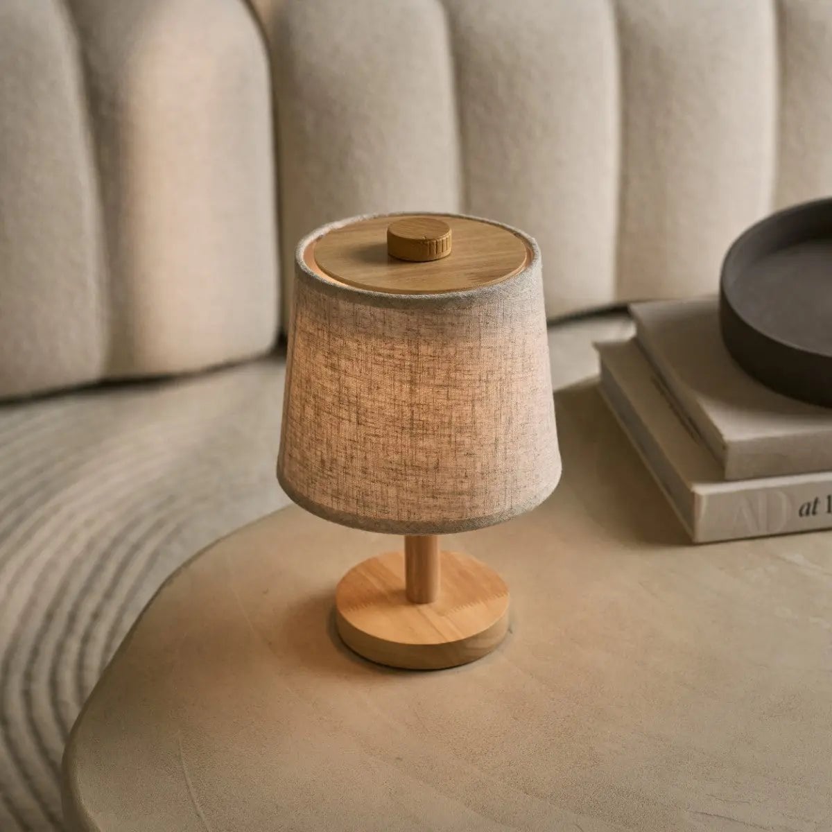 Wooden Cordless Table Lamp – Light Brown Rechargeable Linen Rover
