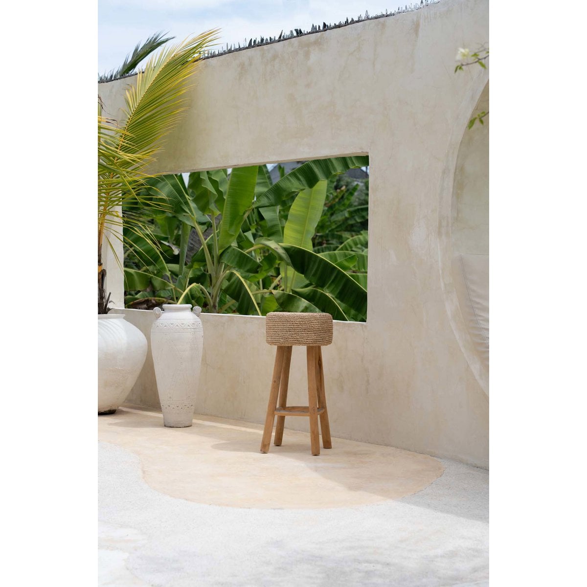 Raffia Bar Stool - Natural Teak & Woven Seat