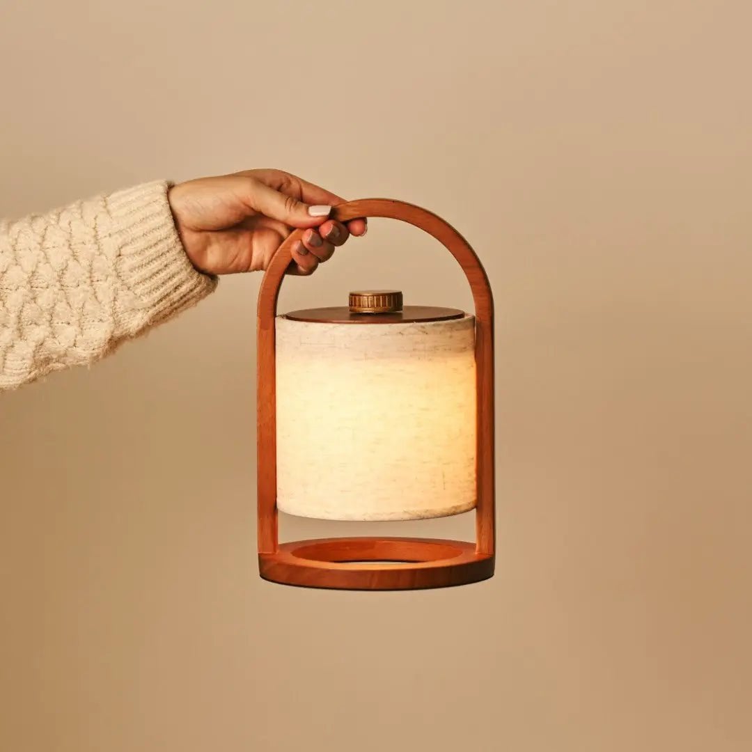 Wooden Rechargeable Table Lamp - Chestnut Brown Linen Blend, 27cm