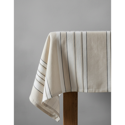 Linen Tablecloth - Natural Black White Striped Dining Table Cover 150x300