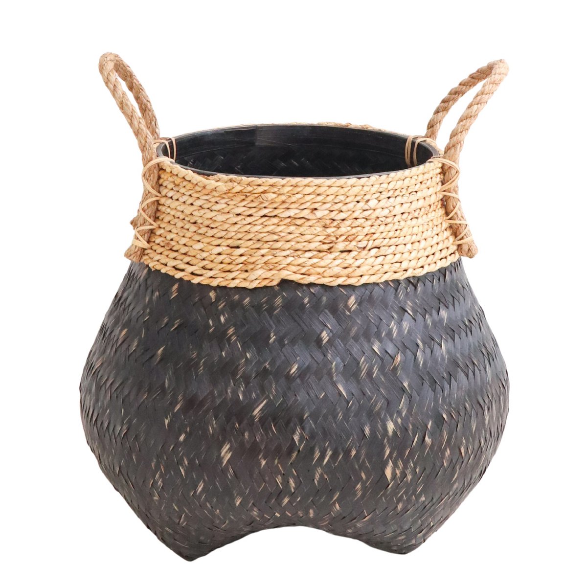 Bamboo & Seagrass Basket - Black Hand-Woven Decorative Plant Basket