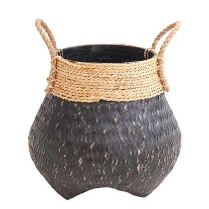 Bamboo & Seagrass Basket - Black Hand-Woven Decorative Plant Basket
