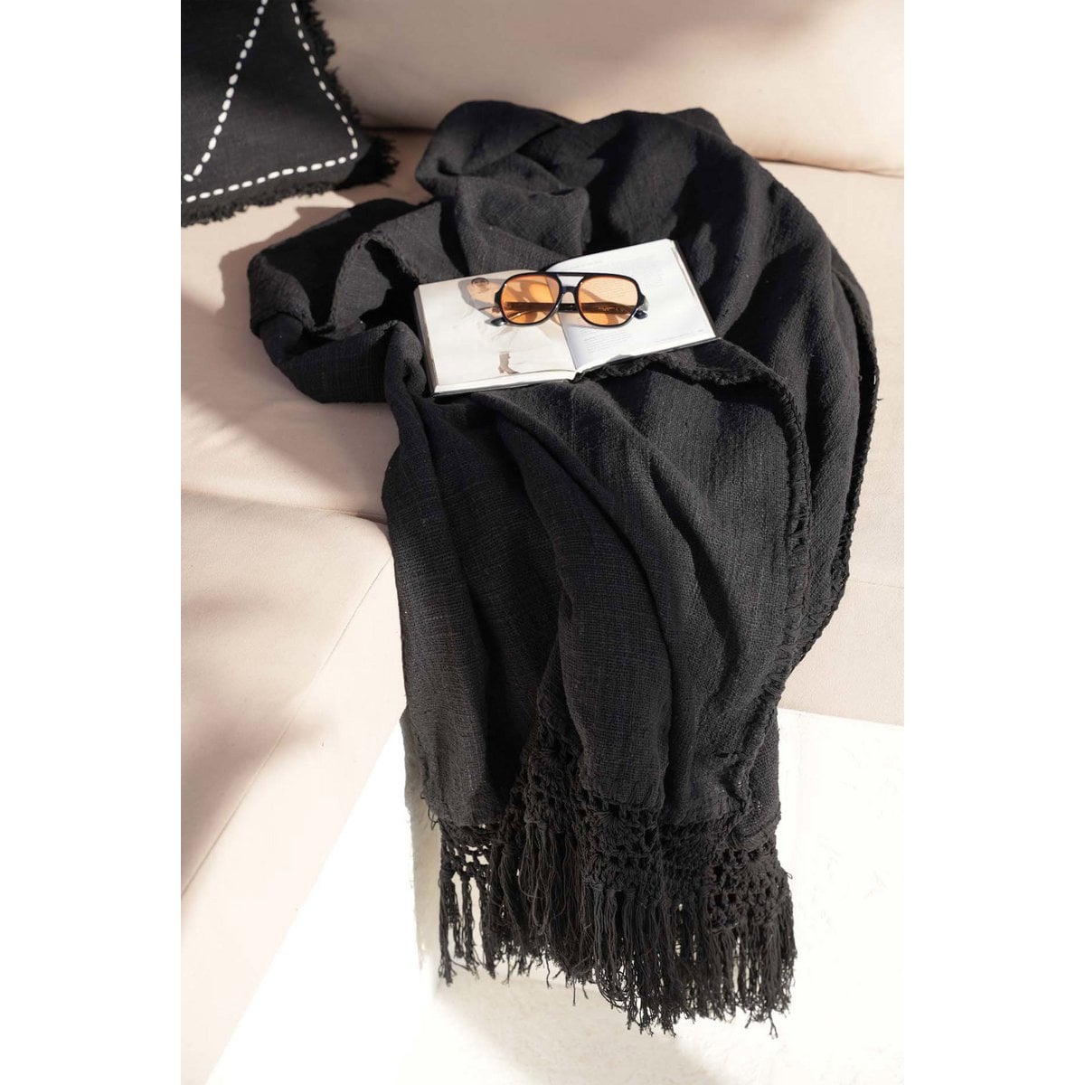 Black Cotton Bed Throw - Bohemian Style, Soft Cozy Throw