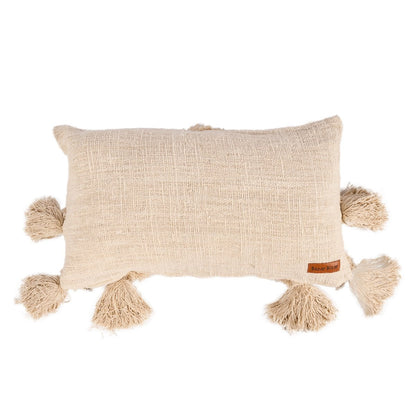 Cotton Tassel Cushion Cover - Cream Boho Throw Pillow, 35x60 cm
