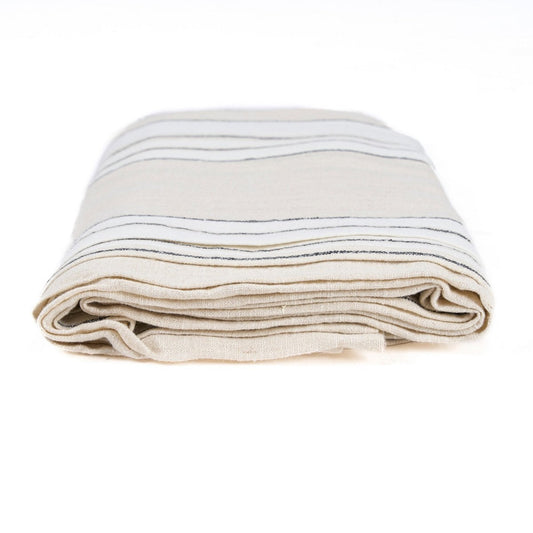 Linen Tablecloth - Natural Black White Striped Dining Table Cover 150x300