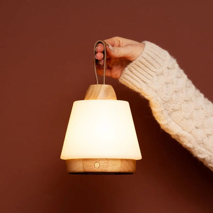 Rechargeable Table Lamp - Brown Wood & Leather, Dimmable
