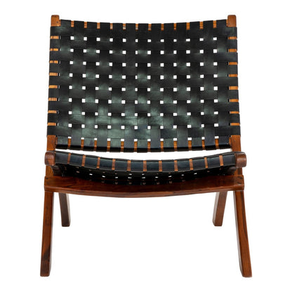 Teak and Leather Folding Chair - Black Accent, 66x74x73 cm