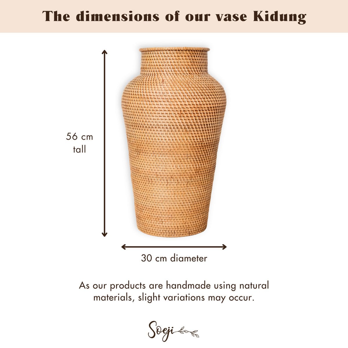 Vase Rond en Rattan Tressé – Grand Vase Décoratif Boho – Vase Haut & Étroit – Vase de Sol Fait Main à partir de Fibres Naturelles (Ø 30 cm) KIDUNG