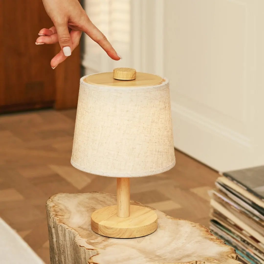 Wooden Cordless Table Lamp – Light Brown Rechargeable Linen Rover