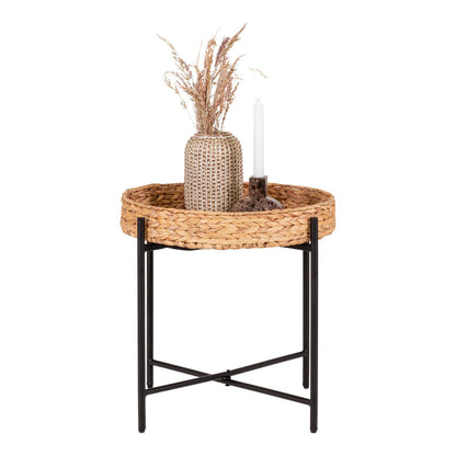 Water Hyacinth Side Table - Black Metal Frame, Natural Round Accent