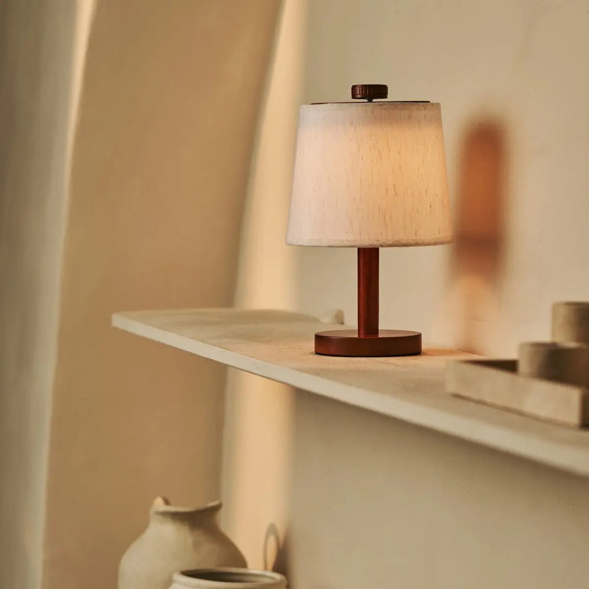 Rover Chestnut Brown Wooden Rechargeable Lamp | Cordless, Dimmable & Linen Blend