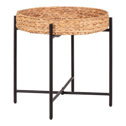 Water Hyacinth Side Table - Black Metal Frame, Natural Round Accent