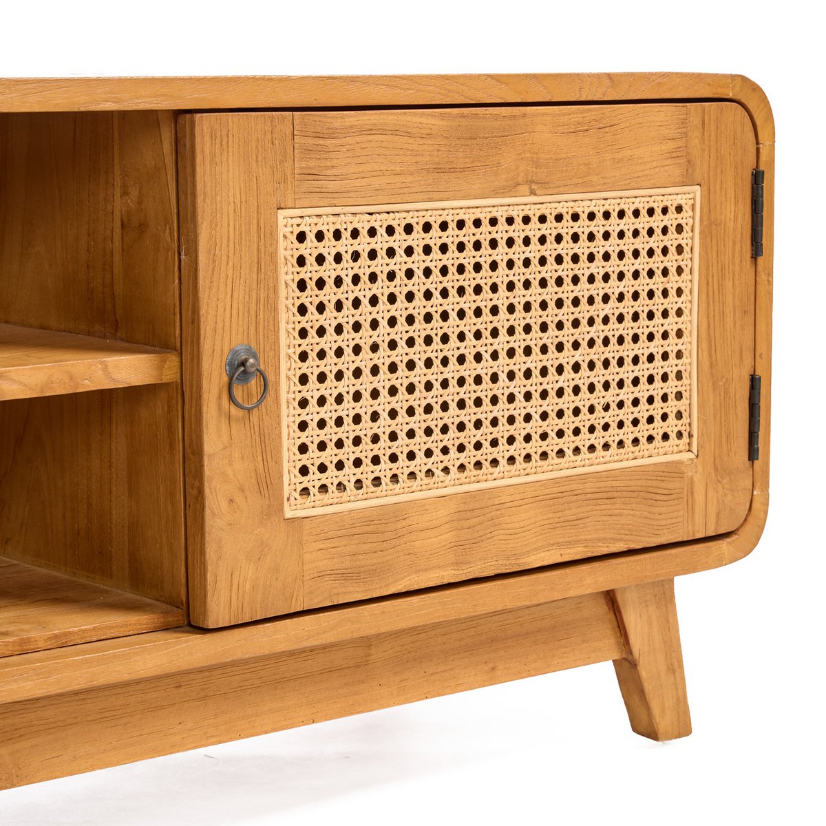 Teak and Rattan TV Stand - Mid-Century Modern Dune Cabinet, Natural