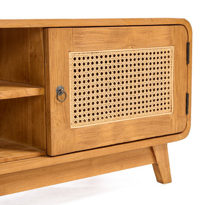 Teak and Rattan TV Stand - Mid-Century Modern Dune Cabinet, Natural