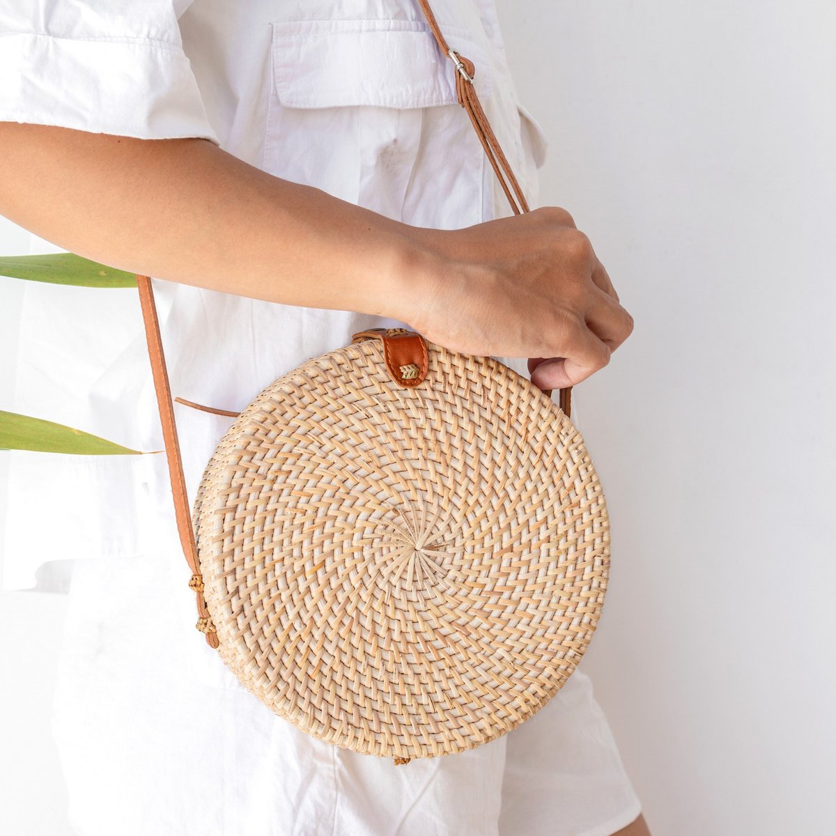 Rattan Crossbody Bag - Beige Boho Bali Bag with Leather Straps