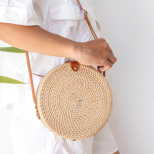 Rattan Crossbody Bag - Beige Boho Bali Bag with Leather Straps