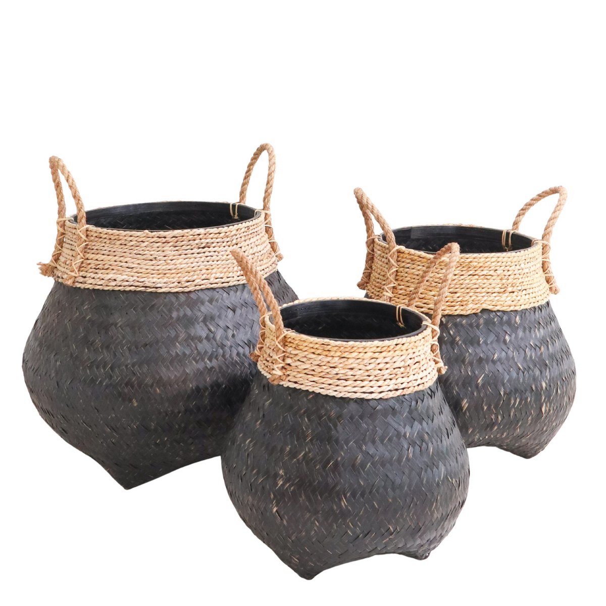 Bamboo & Seagrass Basket - Black Hand-Woven Decorative Plant Basket