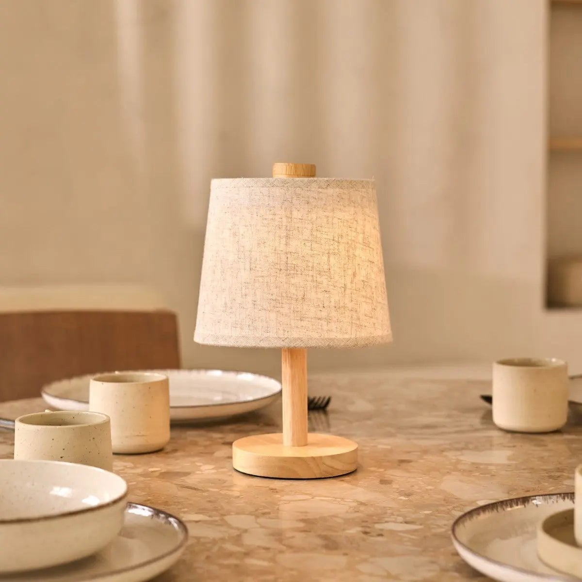 Wooden Cordless Table Lamp – Light Brown Rechargeable Linen Rover