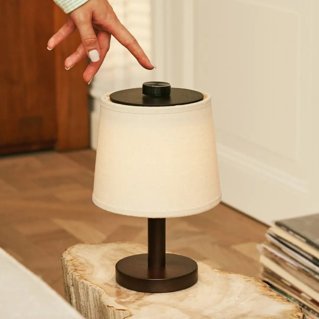 Rover Dark Brown Wooden Rechargeable Lamp | Cordless, Dimmable & Linen Blend