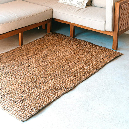 Square Boho Rug Made of Natural Fibres – Hand-woven Floor Mat – Rectangular Brown Carpet– Large Water Hyacinth Rug 180x115 cm SAWAH