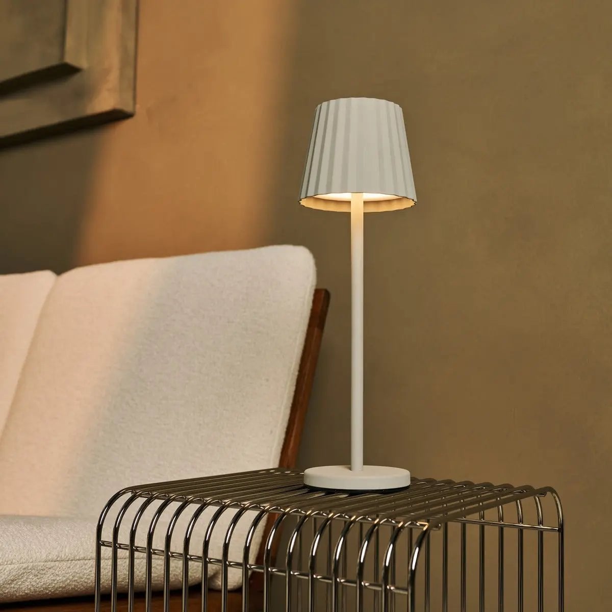 Maya Shadow Grey Ribbed Table Lamp | 3 Light Modes & Rechargeable via Charging Station