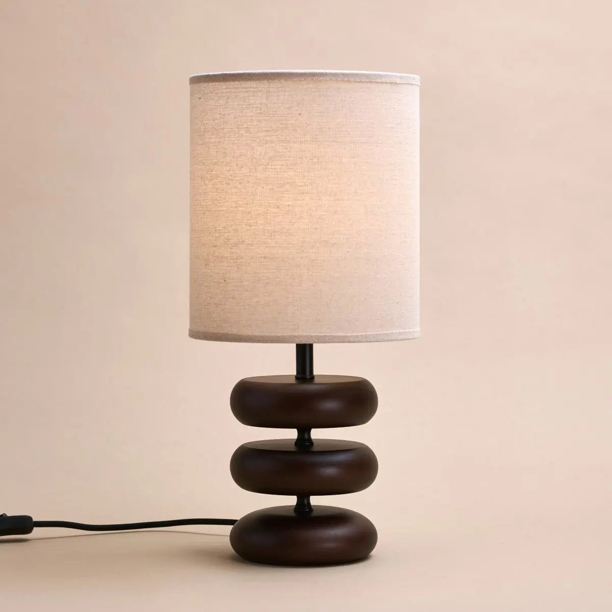 Wooden Table Lamp with Linen Shade - Dark Brown Rustic Home Lighting