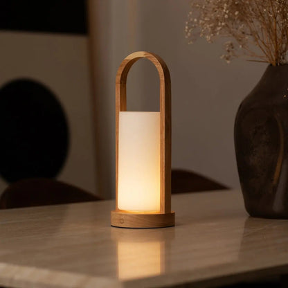 Light Brown Wooden Table Lamp - Cordless Rechargeable Dimmable