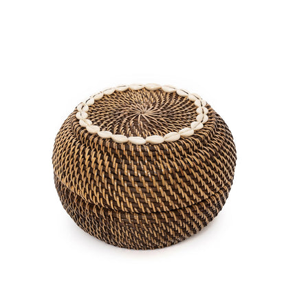 Medium Rattan Basket with Cowrie Shells for Storage