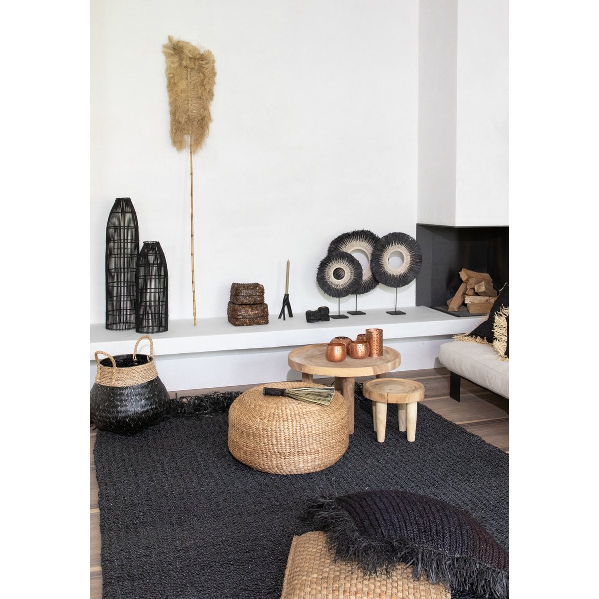 Rattan Pendant Light - Black Fish Trap Design, Large