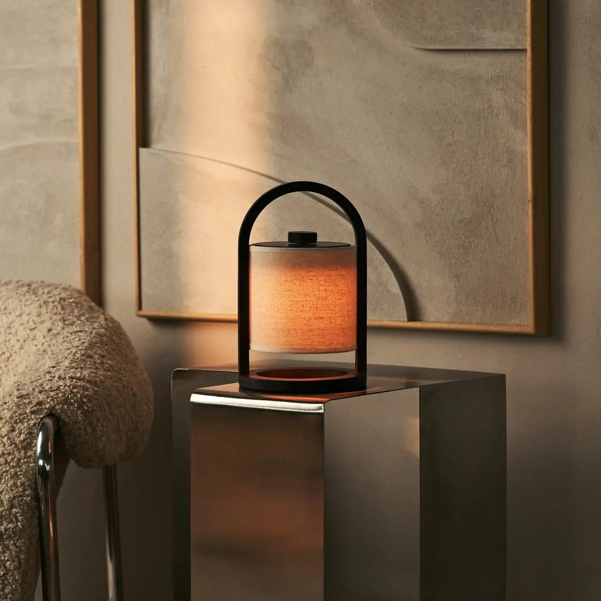 Wooden Rechargeable Table Lamp - Dark Brown Linen Blend, 100-Hour Battery