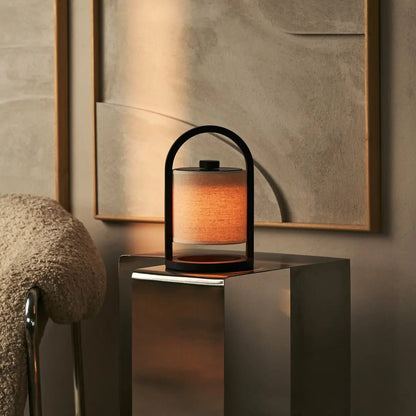 Wooden Rechargeable Table Lamp - Dark Brown Linen Blend, 100-Hour Battery