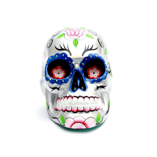 Resin Sugar Skull Statue - Small Silver Decorative Skull Figurine