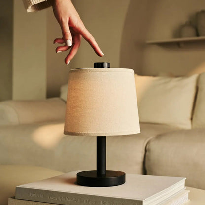Black Wooden Table Lamp - Cordless Rechargeable Linen Shade