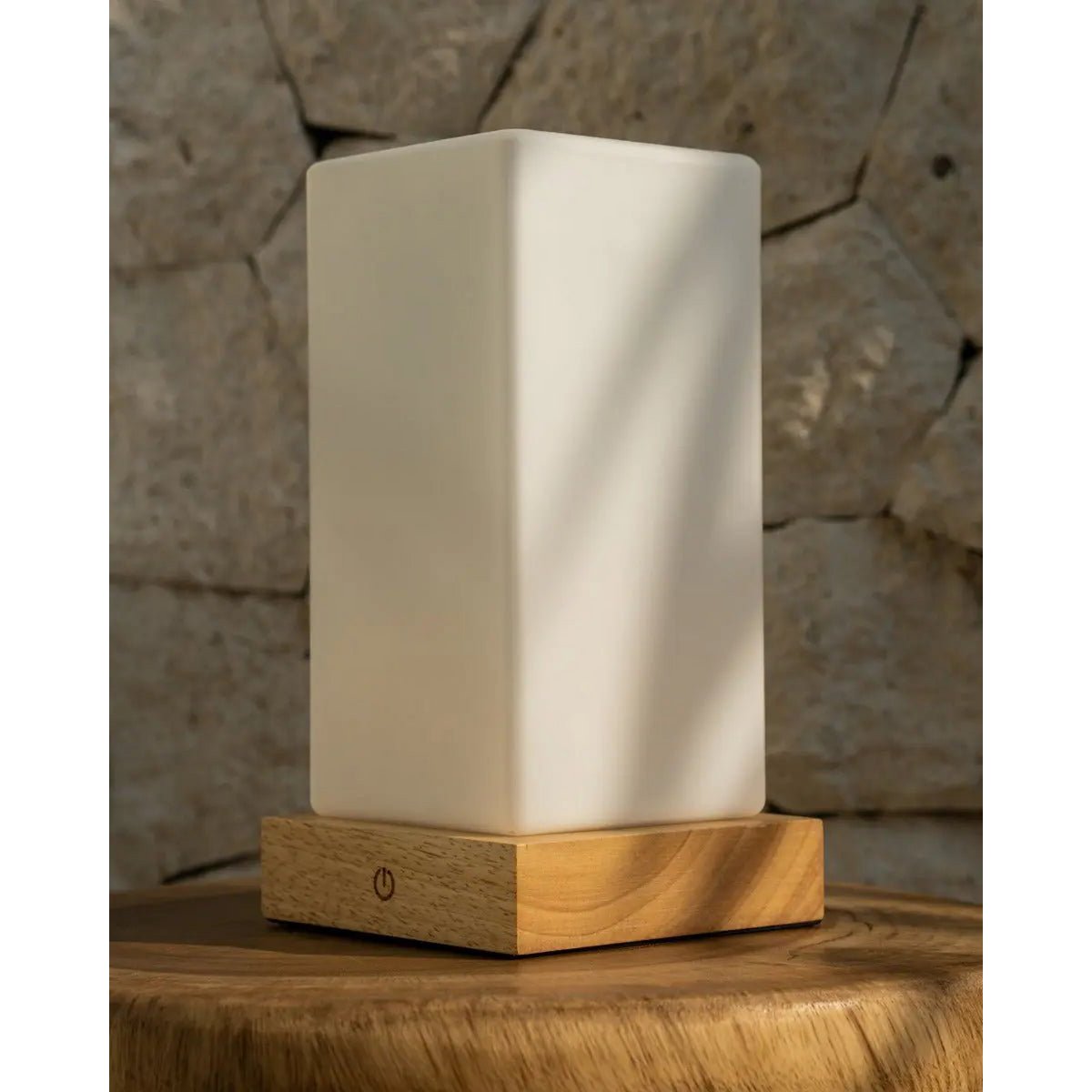 Zayn Light Brown Wooden Rechargeable Table Lamp | Dimmable, Glass & Cordless