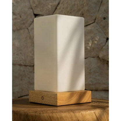 Zayn Light Brown Wooden Rechargeable Table Lamp | Dimmable, Glass & Cordless