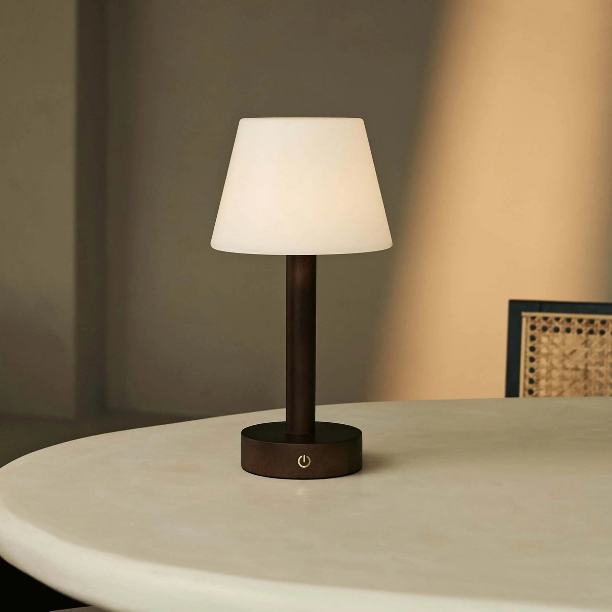 Zoë Dark Brown Wooden Rechargeable Table Lamp | Dimmable, USB-C, 80-Hour Battery
